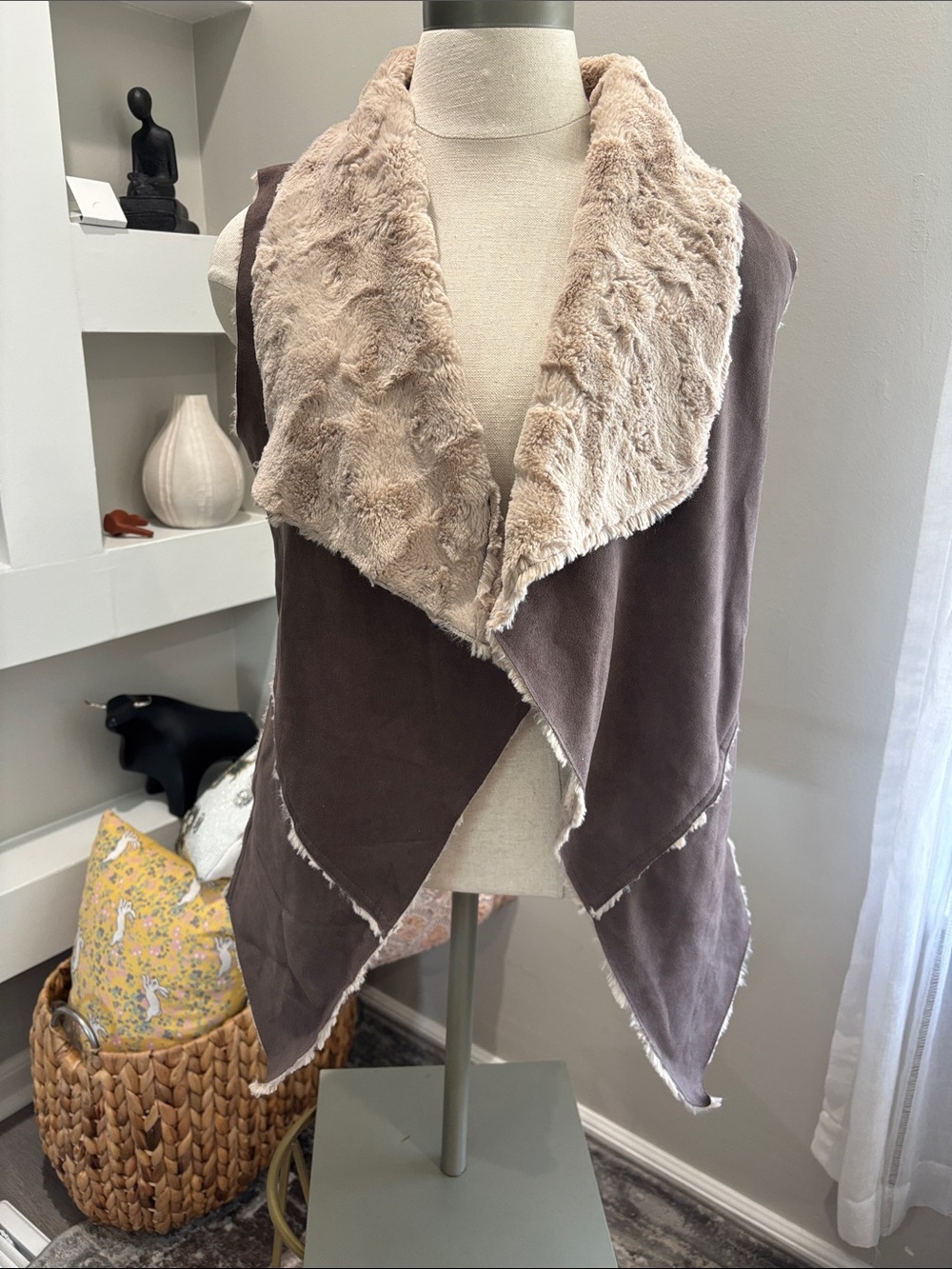 Charlotte Russe Taupe Suede-Look Vest with Cream Faux Fur Collar